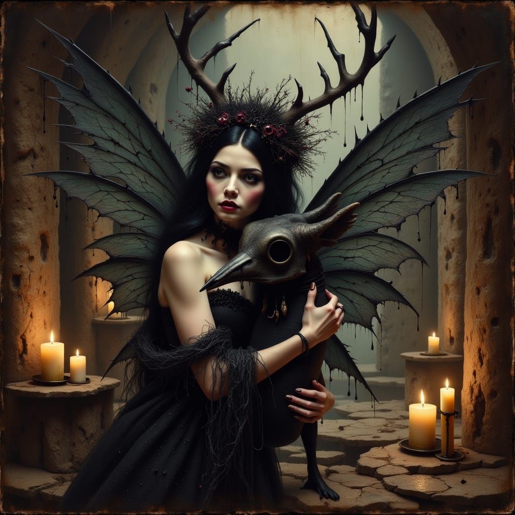 Surreal Woman in Ruined Temple by Candlelight