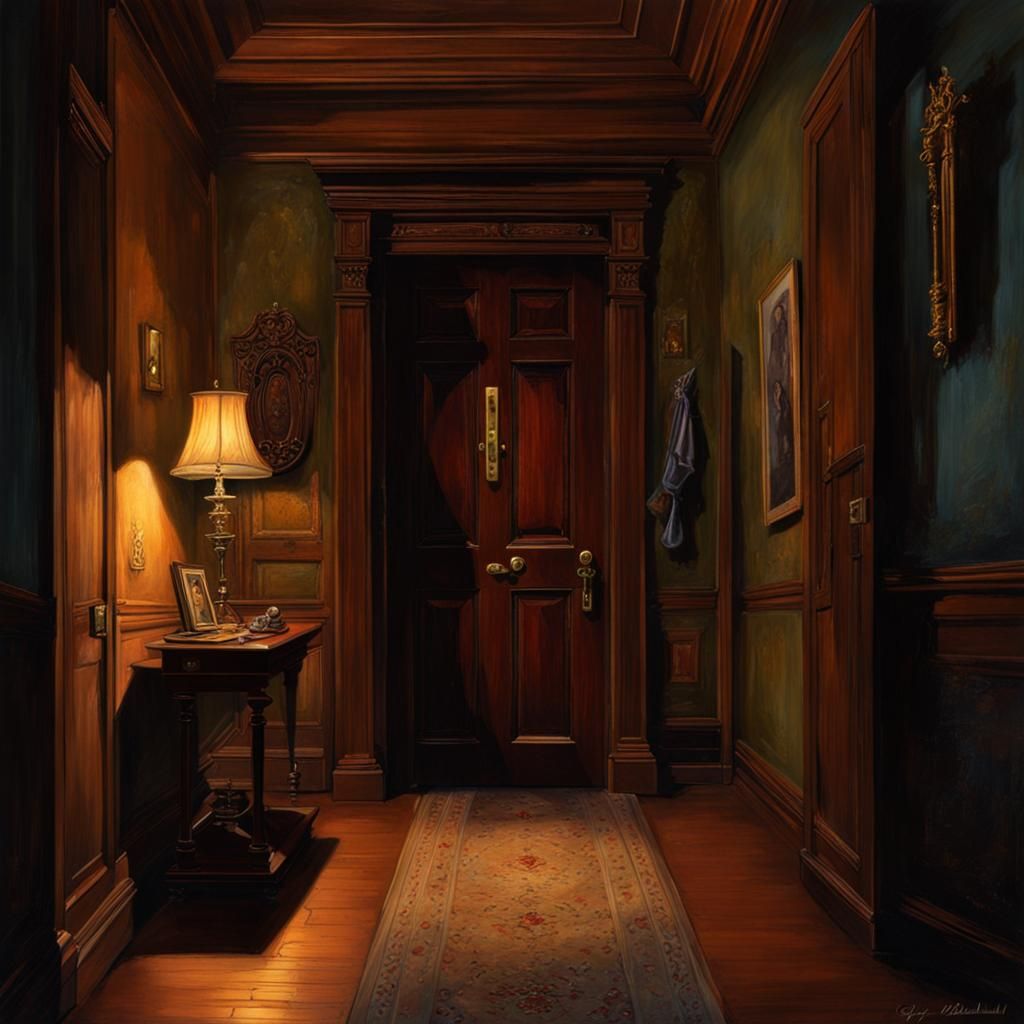 Spooky Mansion Hallway with Shadows, Dark Fantasy Art