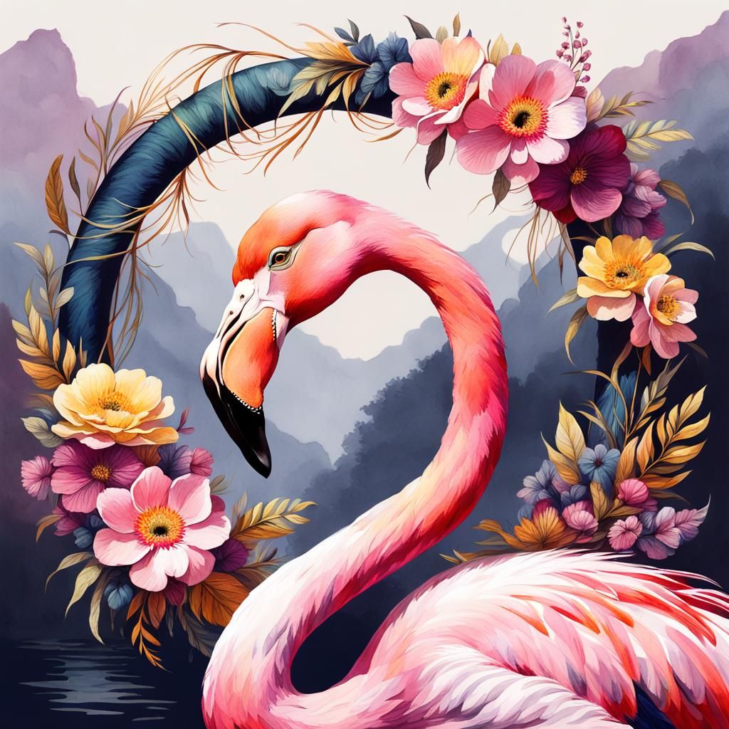 Majestic Flamingo with Floral Wreath, Watercolor Style