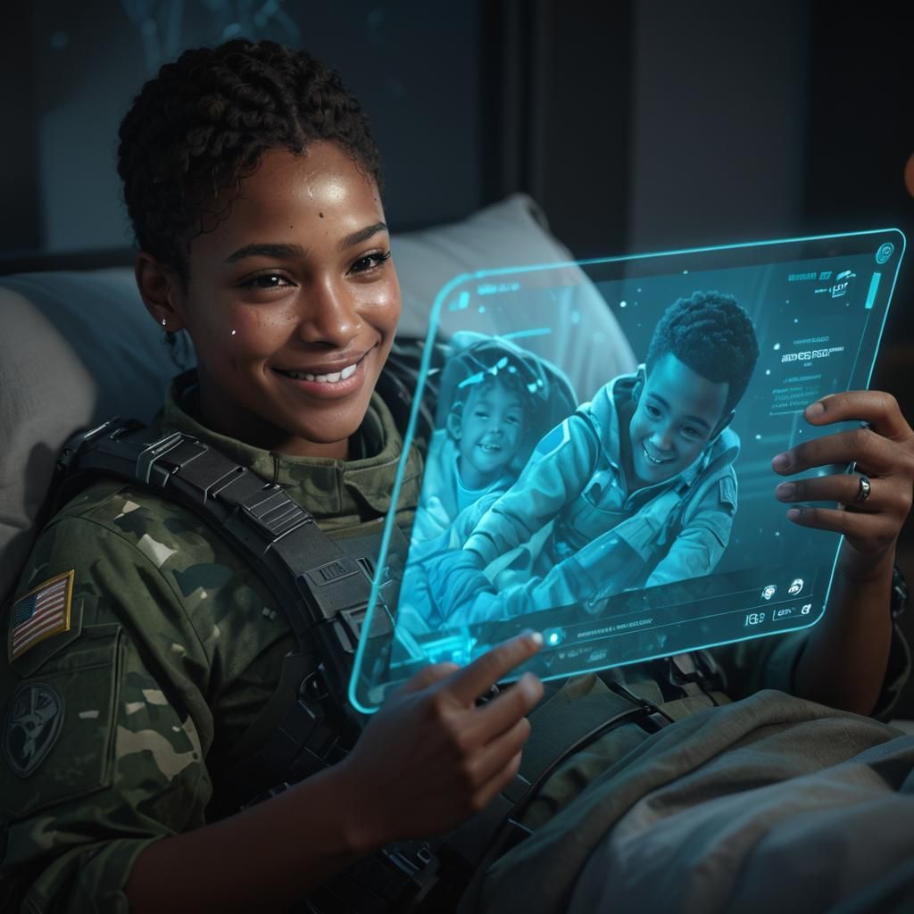 Cyberpunk Soldier Connects with Loved Ones through Holograph...
