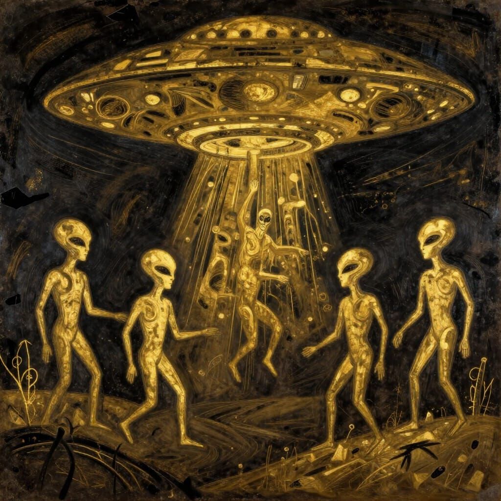 Ancient Gold Cave Art: Aliens Descend in Abstract Style