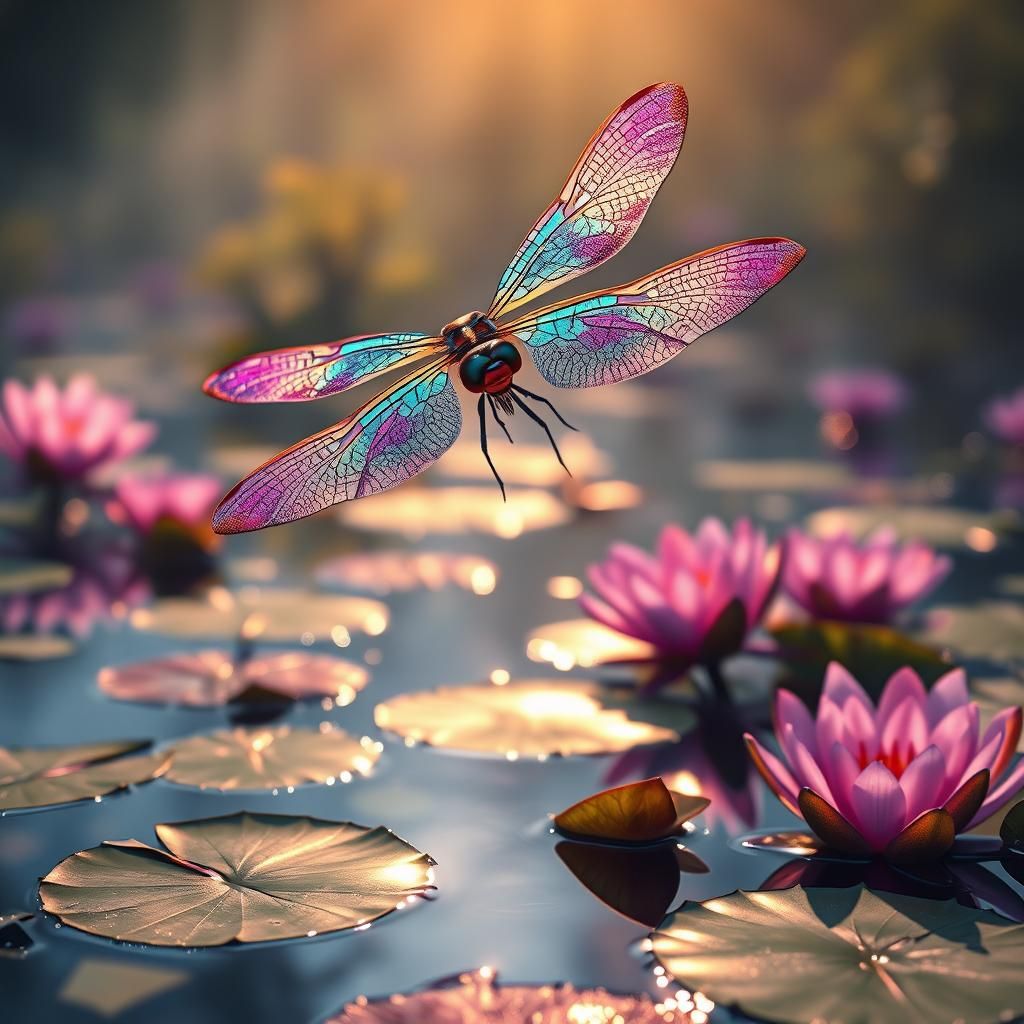 Focus on colourful Dragoon fly hovering over crystal clear p...