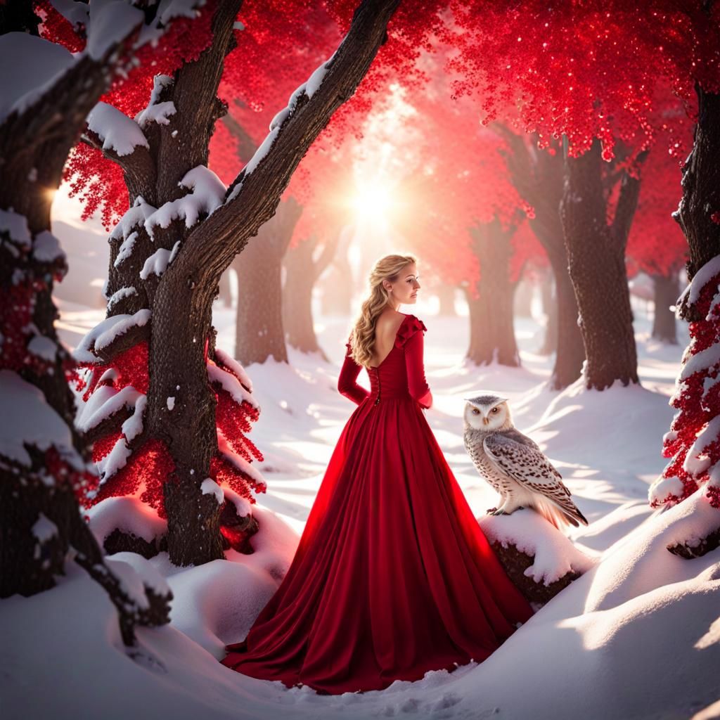 Winter Elf in Snowy Landscape with Crystal Trees