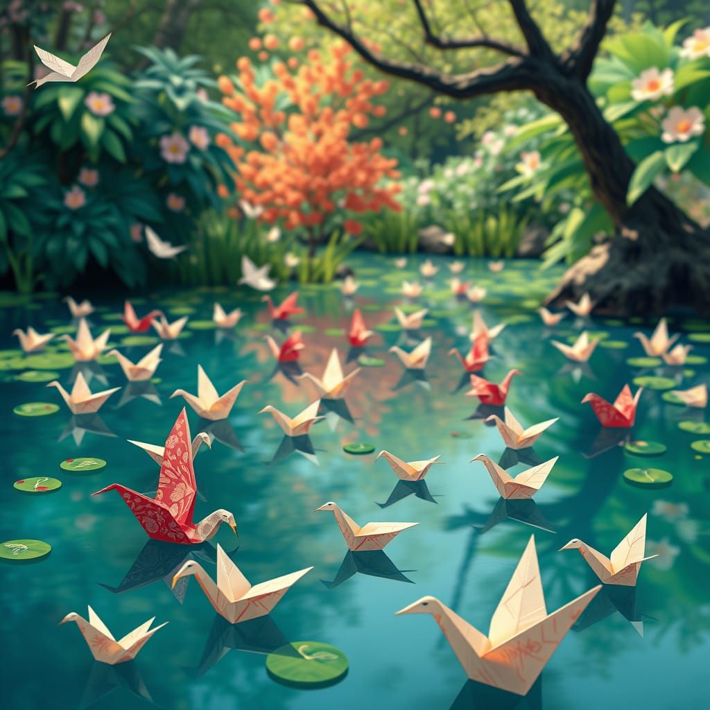 Origami Birds in Lake: Vibrant Digital Illustration