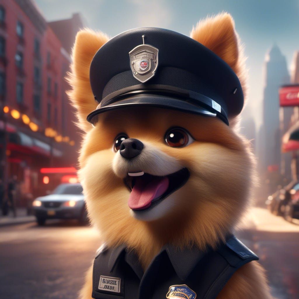 Humanoid Pomeranian Dog as American Police Officer