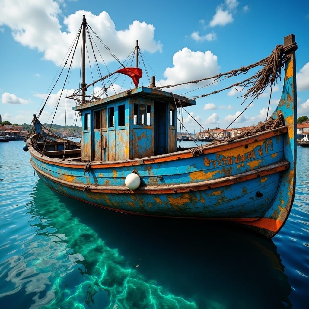 Fishing Boat in Harbor with Nets