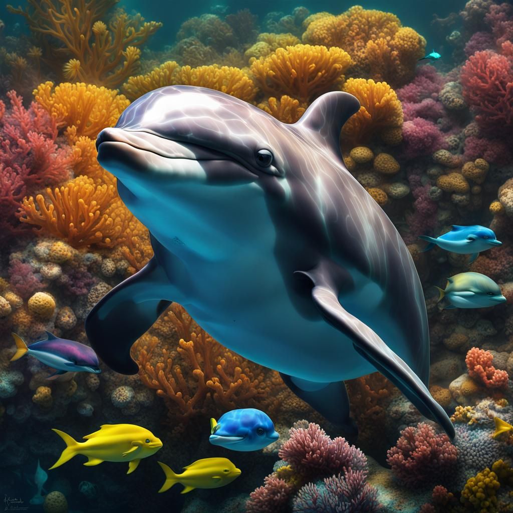 Galactic Dolphin Portrait with Coral Reef, Digital Art