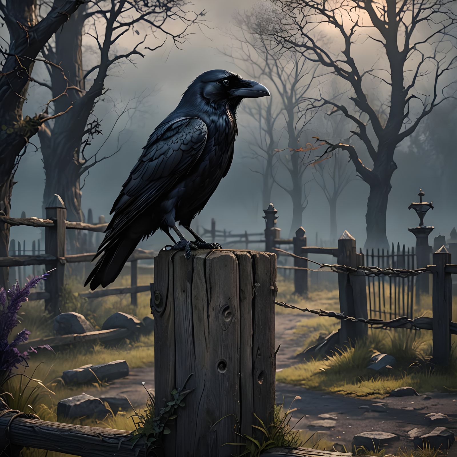 Sinister Raven on Fence Post: Detailed Matte Painting