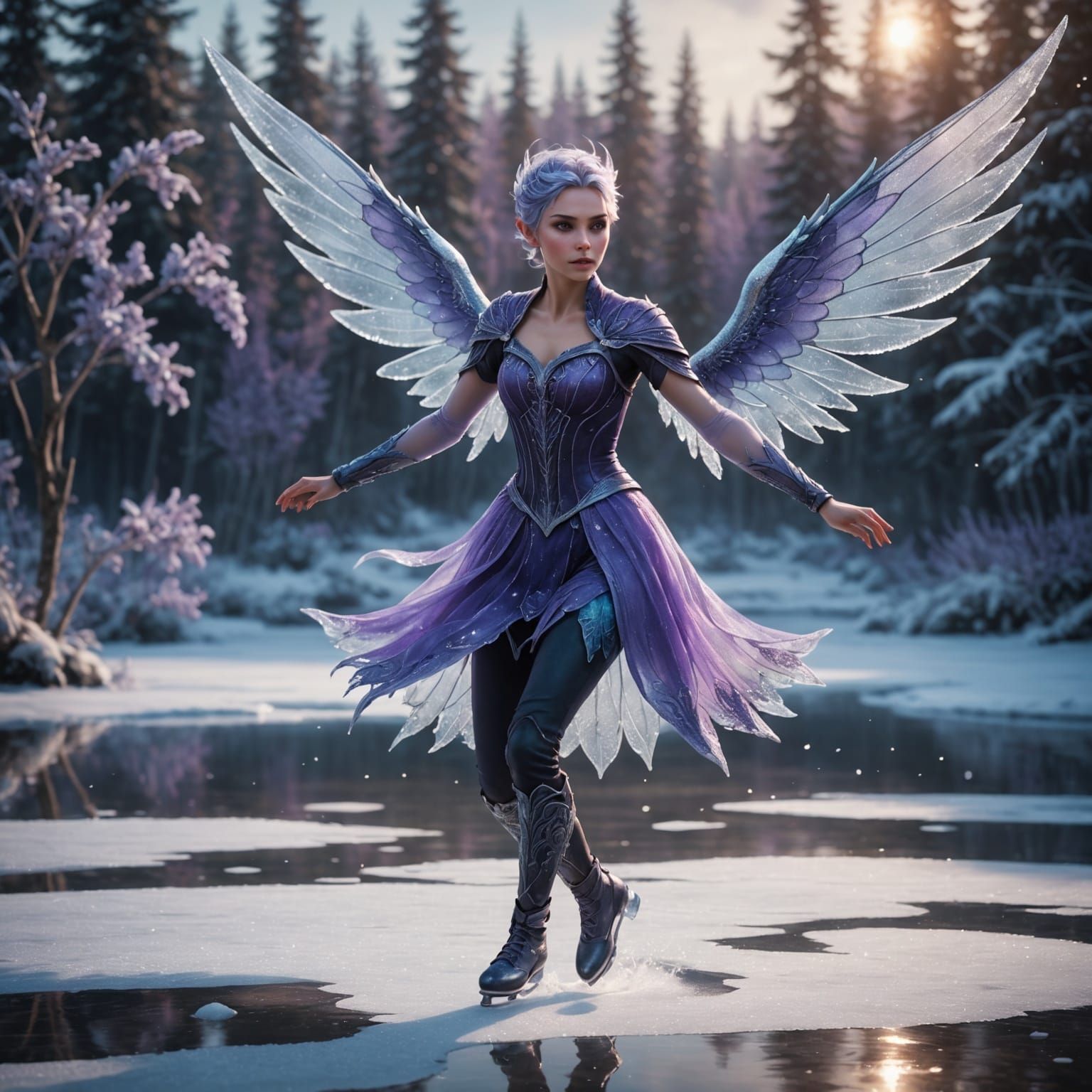 Surreal Lavender Pixie Glides Across Frozen Pond in Whimsica...