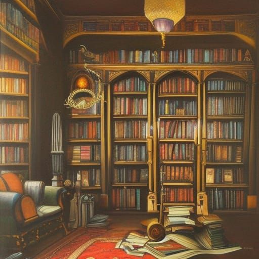 Mysterious Study with Magical Bookcases Painting
