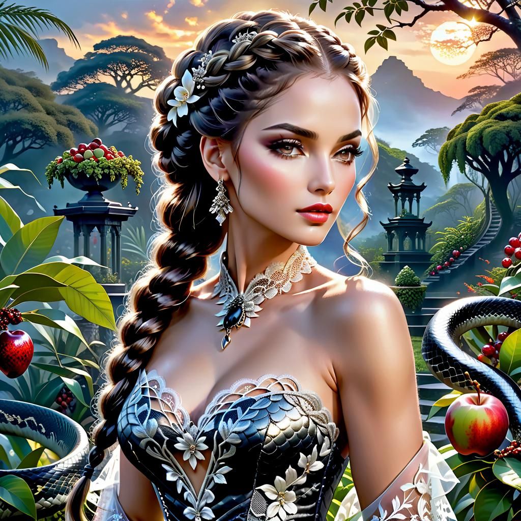 A Beautiful Woman in a Garden of Forbidden Fruits and Tempting Serpents