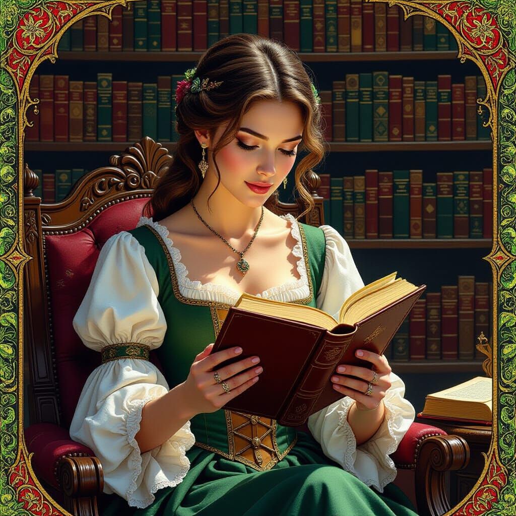 Elegant Woman Reading in Fantasy Library Illustration