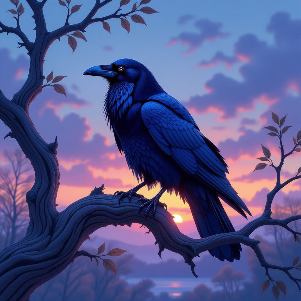 Ethereal Raven on Willow Branch at Twilight