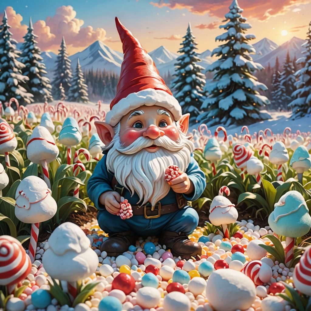 Gnome Planting Candy Canes in Marshmallow Field