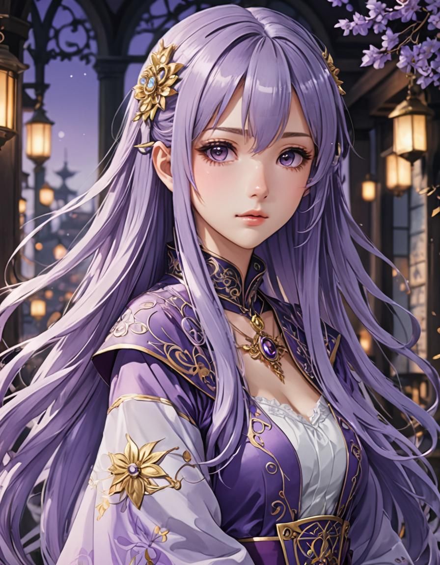 Anime Girl with Purple Hair in Traditional Dress