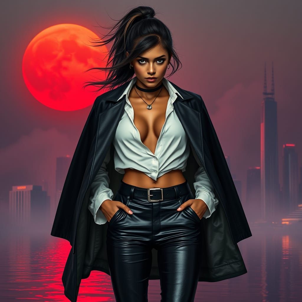 Futuristic Woman in Leather Before a Red Moon