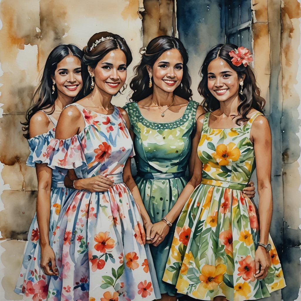 Watercolor Painting of Three Friends in Old San Juan