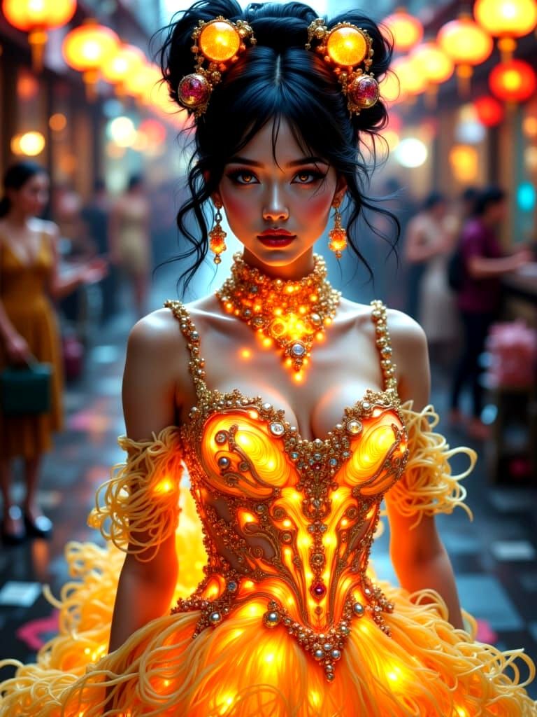 Ethereal East Asian Beauty in Neon Noodle Gown