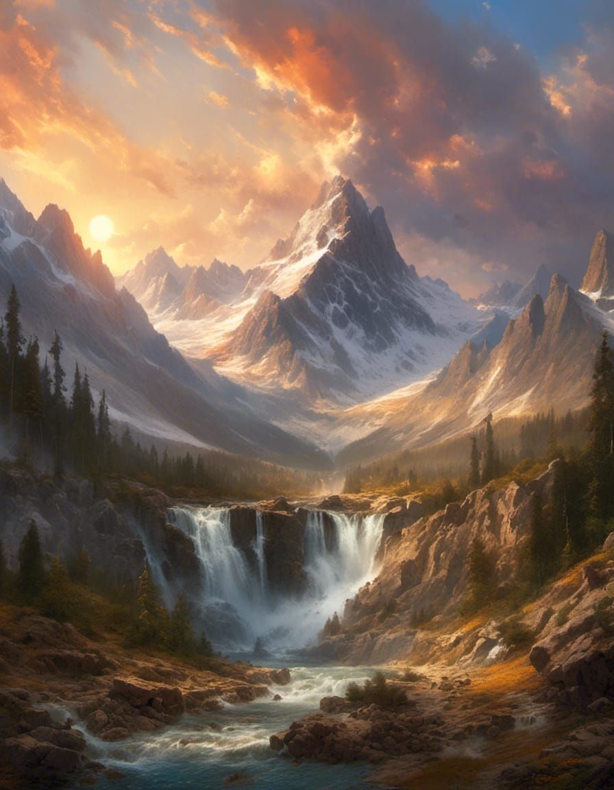 Sunset Over Rocky Mountains with Waterfall