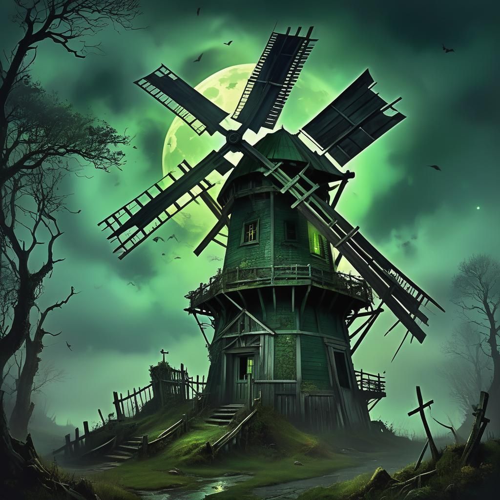 Haunted Windmill: Gothic Horror in Eerie Mist