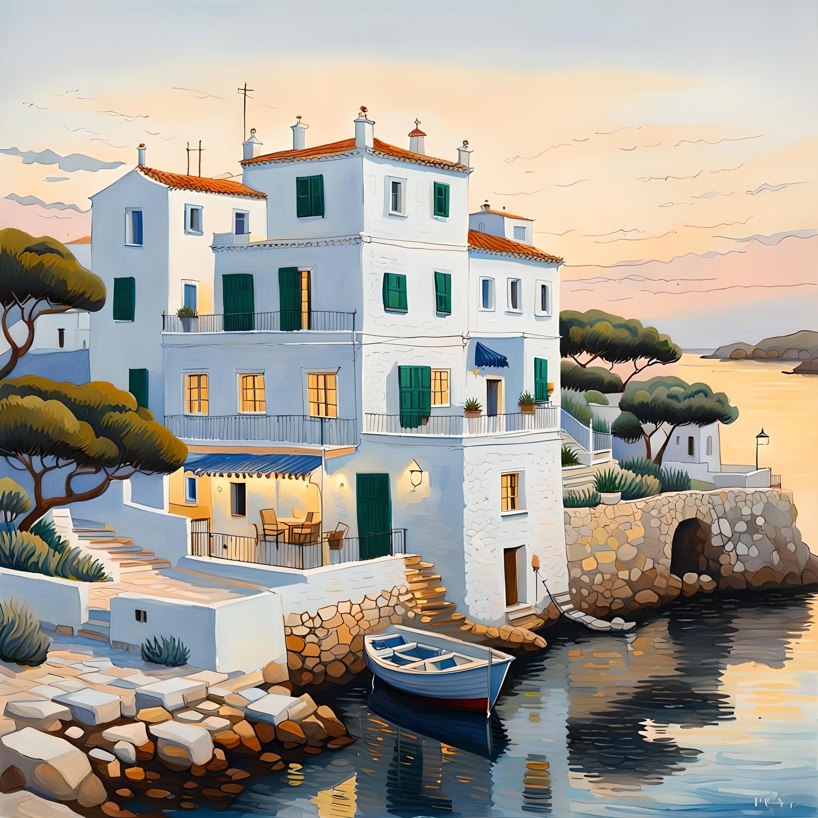 Menorcan Fisherman's House in Gouache, Klimt Style