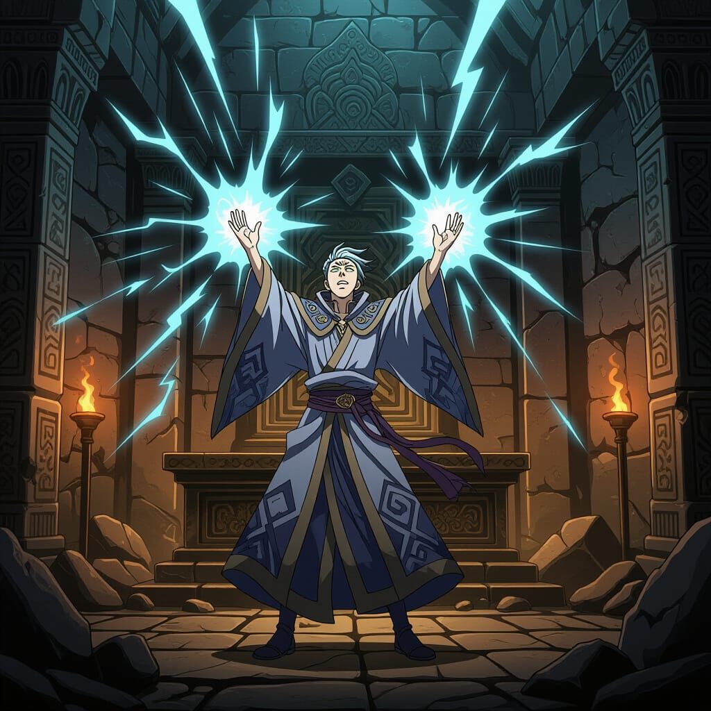 Anime Mage in Forgotten Temple: Action-Packed Scene