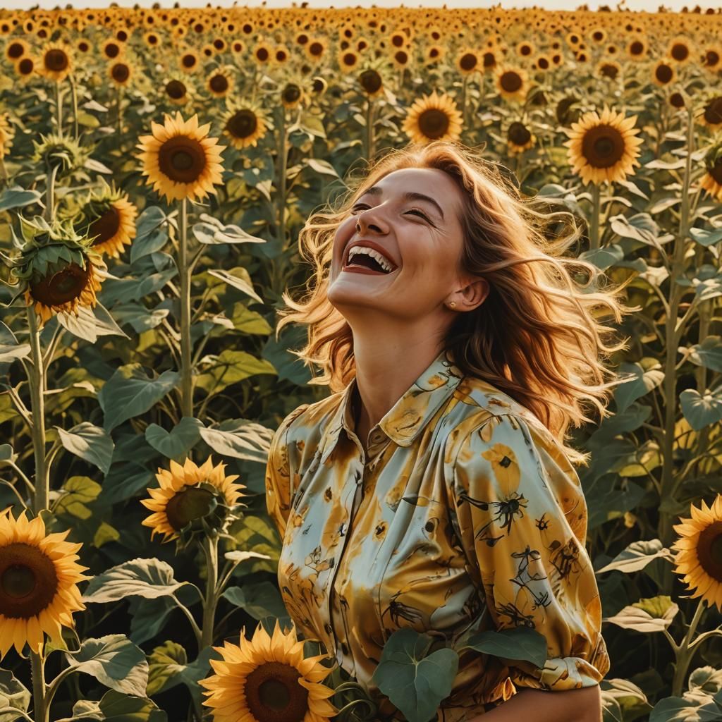 Laughing Woman in Sunflowers: Surrealist Emotional Portrait