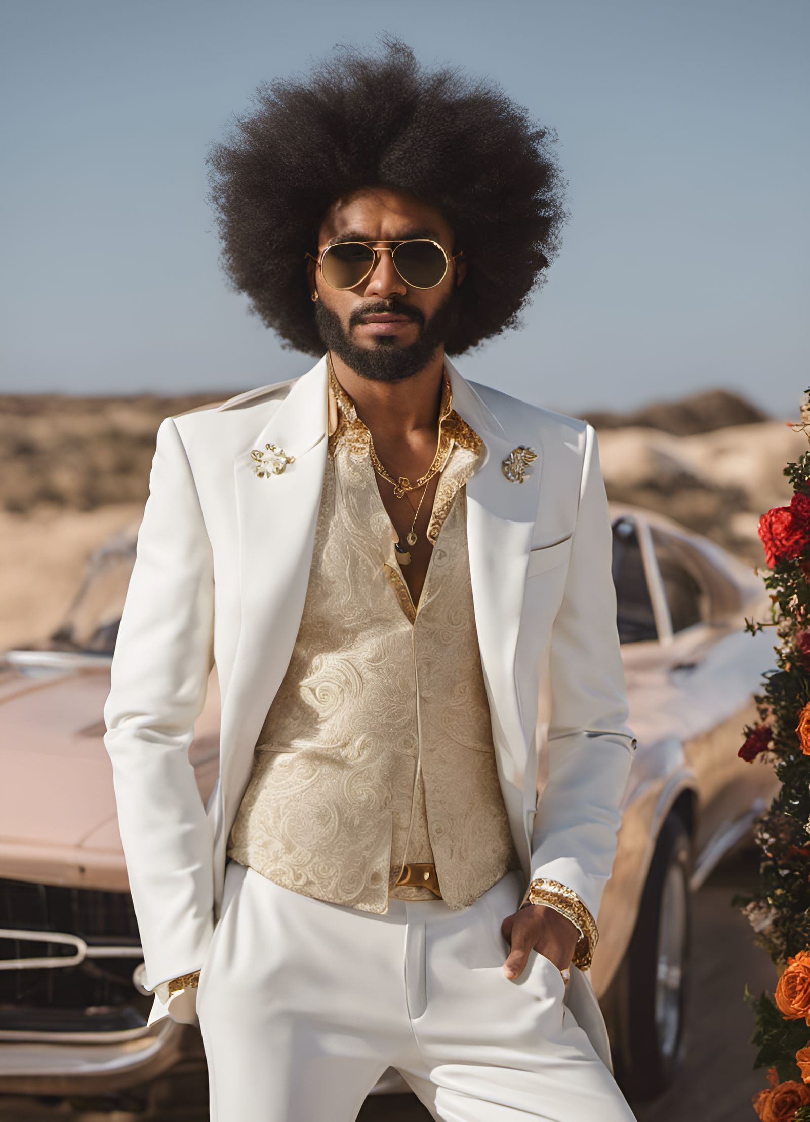 70s Disco King in White Suit, Full Portrait