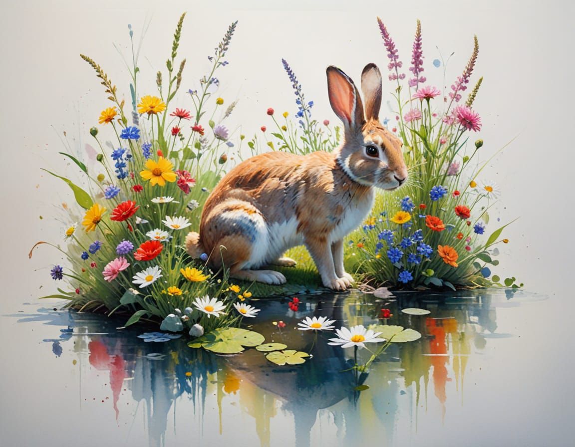 Playful Rabbit in Sunlit Garden with Wildflowers