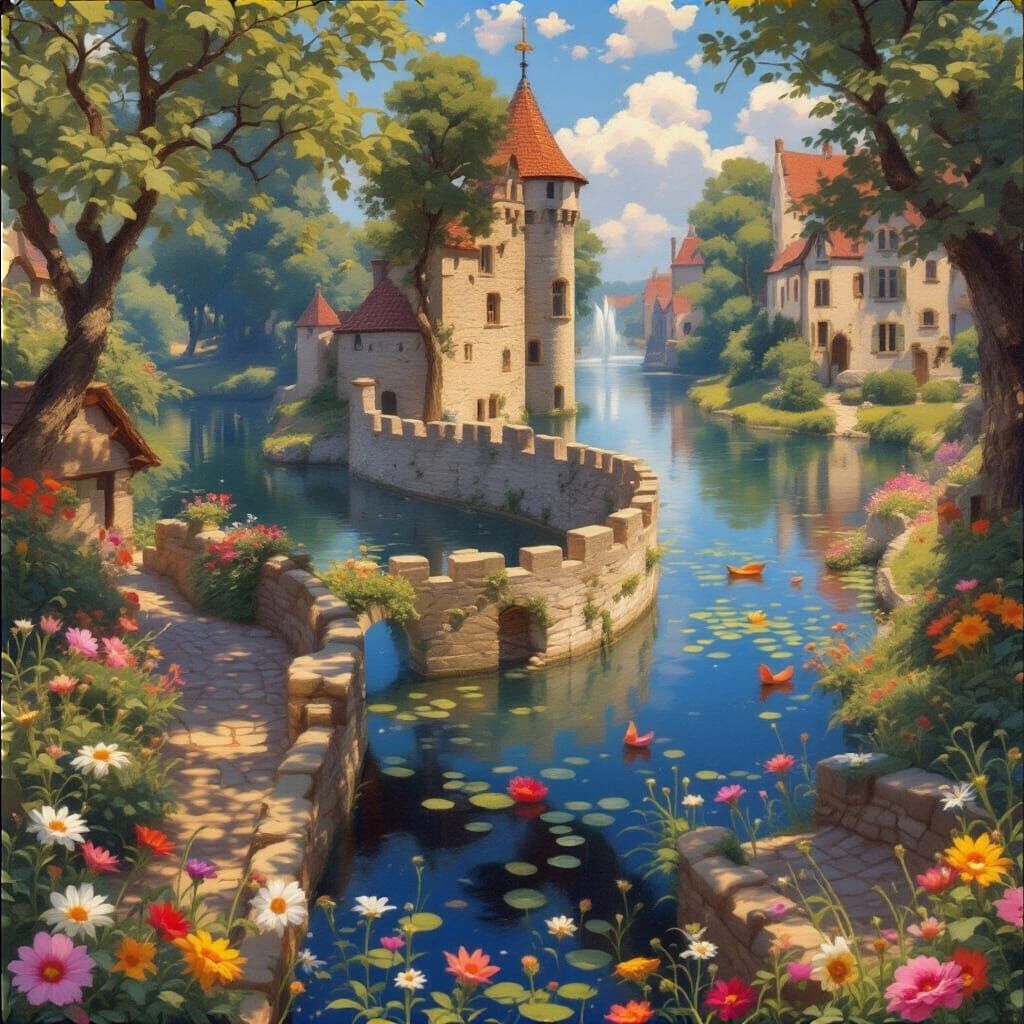 Medieval Castle with Sparkling Moat on Sunny Summer Day