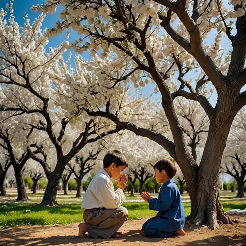 Child Praying by Almond Tree and Cross