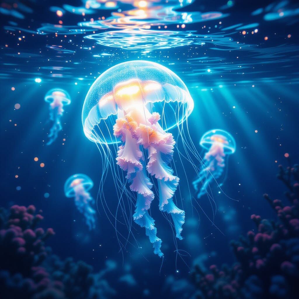 Macro photography. A bioluminescent jellyfish drifts serenel...