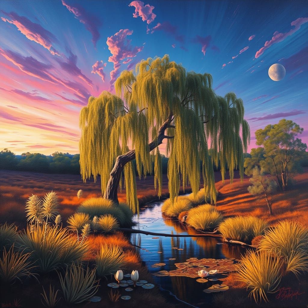Australian Bush Landscape with Serene Willow Tree