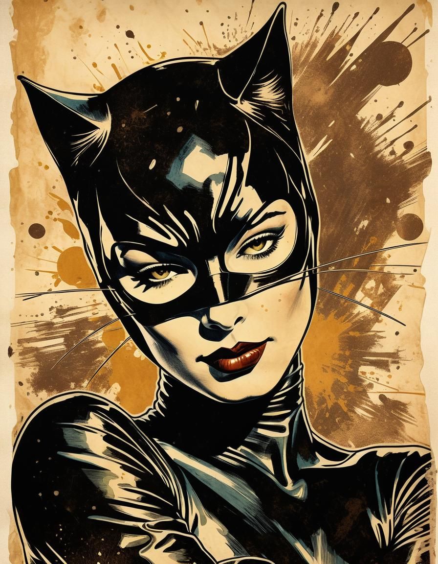 Catwoman in Vintage Pulp Art Style