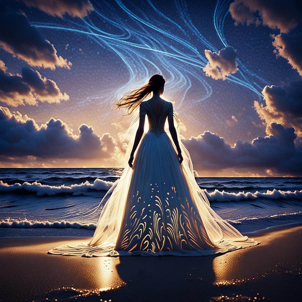 Ethereal Figure on Dark Beach at Twilight