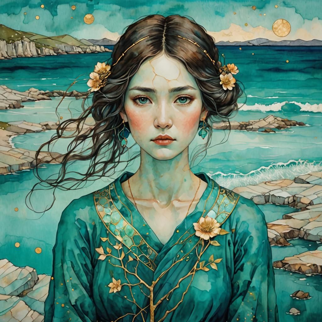 Female Writer Portrait with Turquoise Eyes in Mixed Media