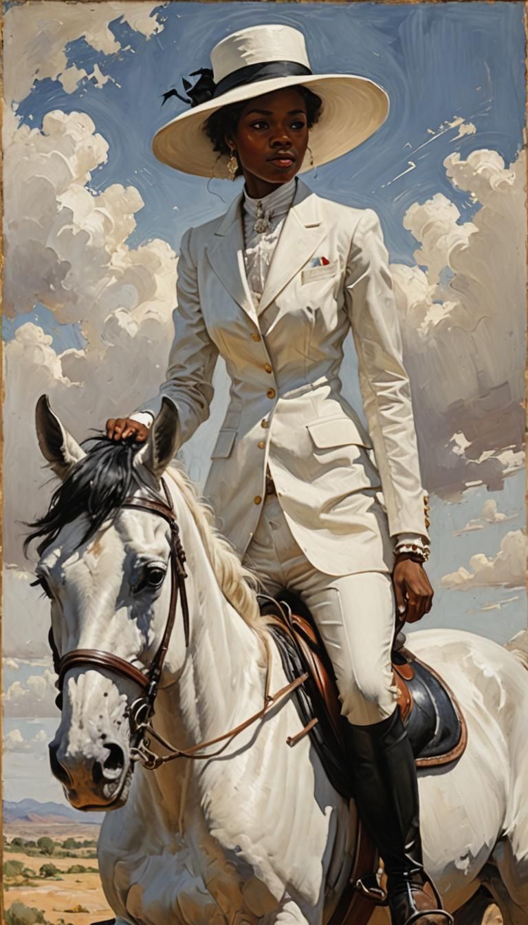 Woman in White Suit on Horse, Oil Painting