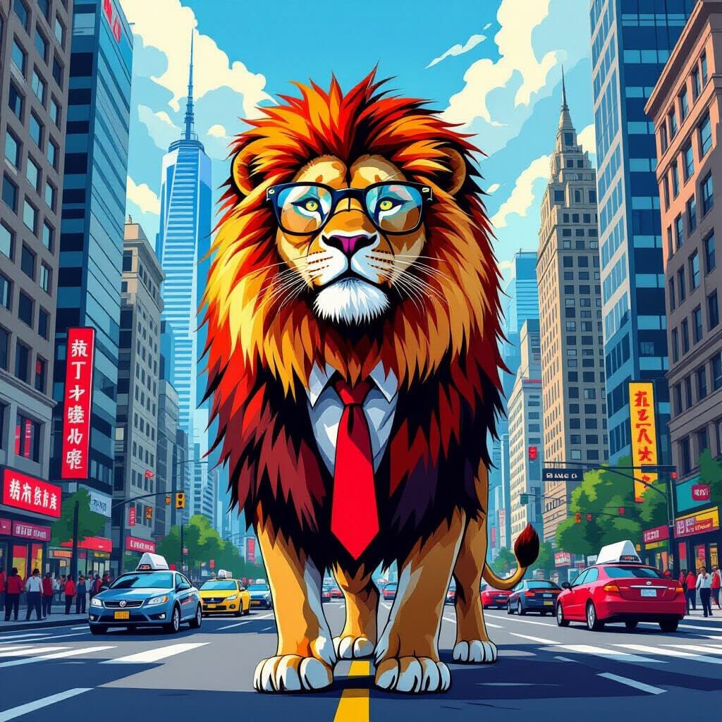 Lion in Glasses and Tie on City Road: Digital Illustration