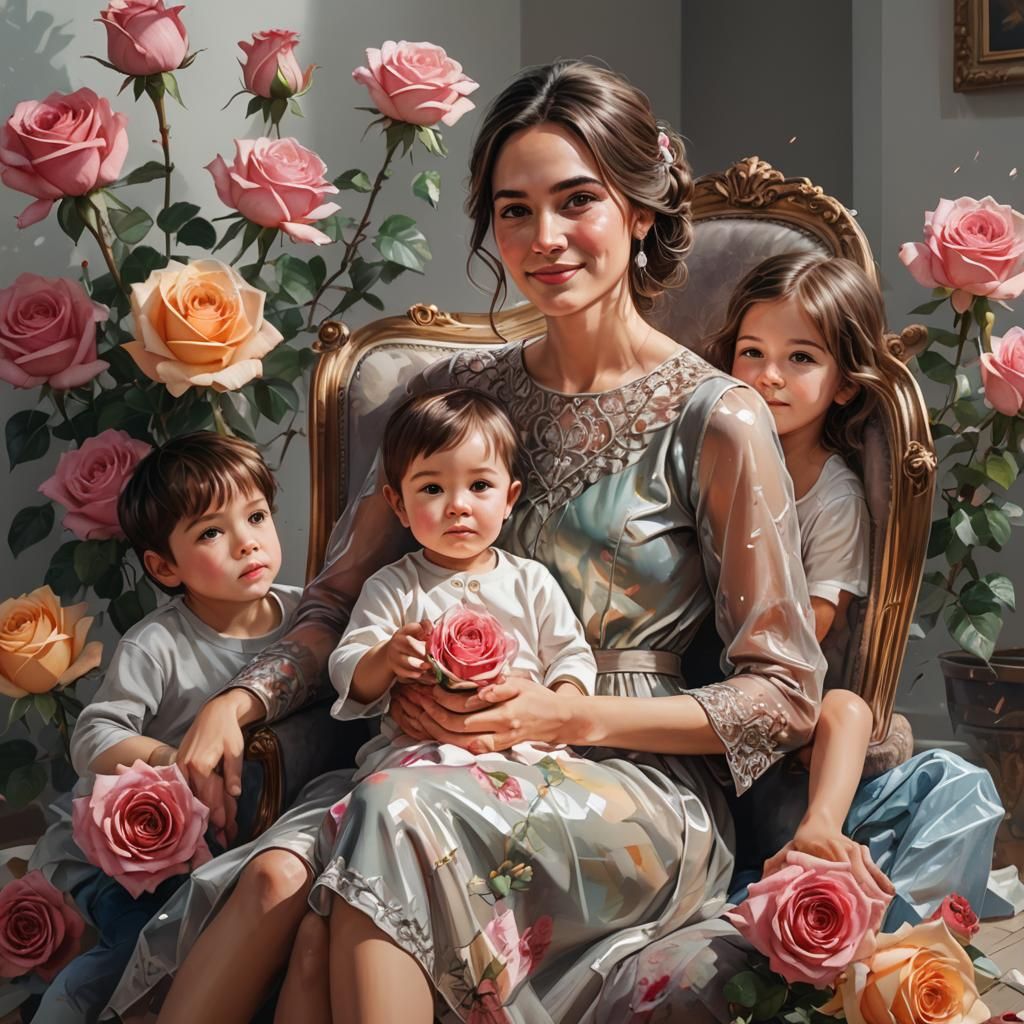 Mother and Children Portrait in Hyperrealistic Style