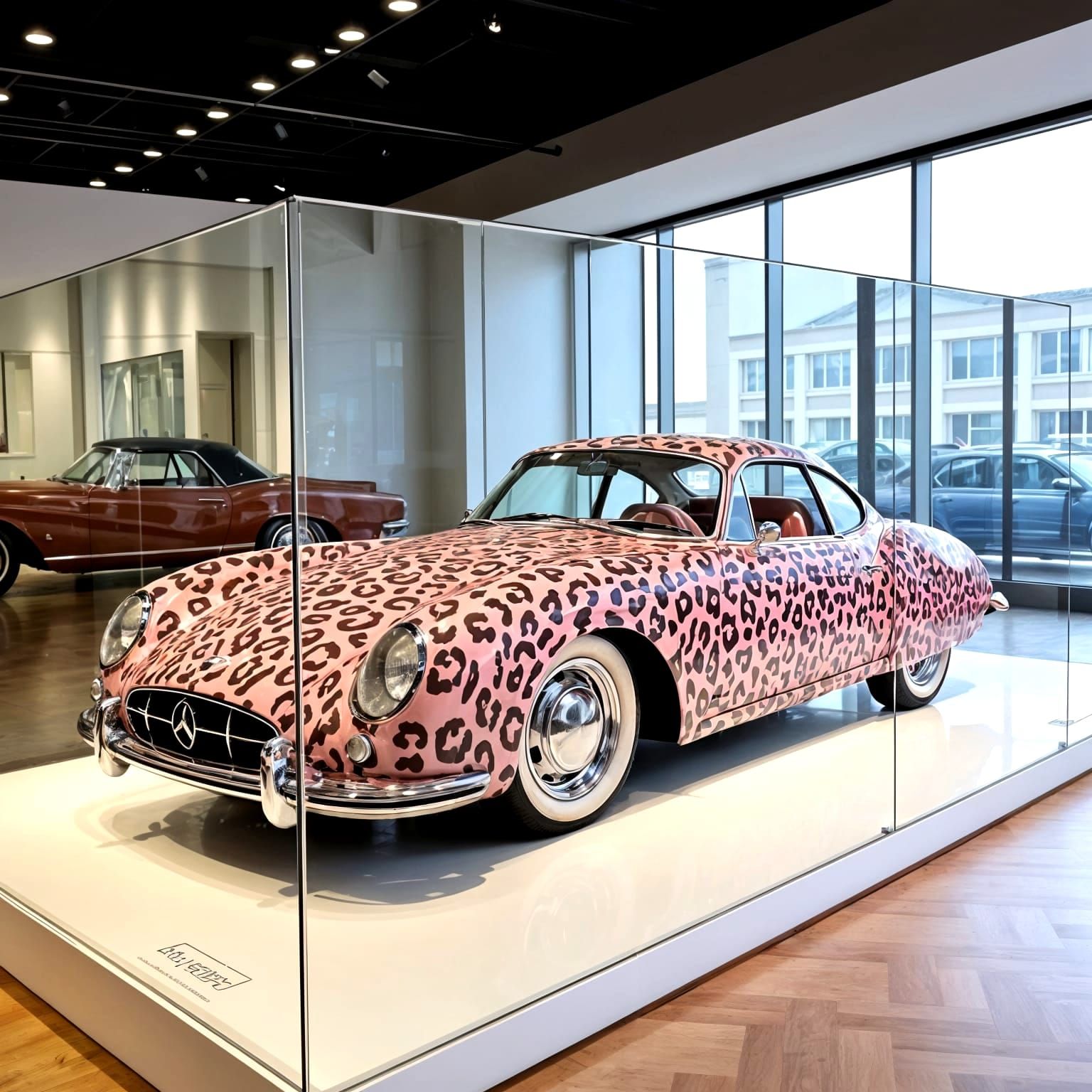 Pink Leopard Print Car Displayed Under Glass