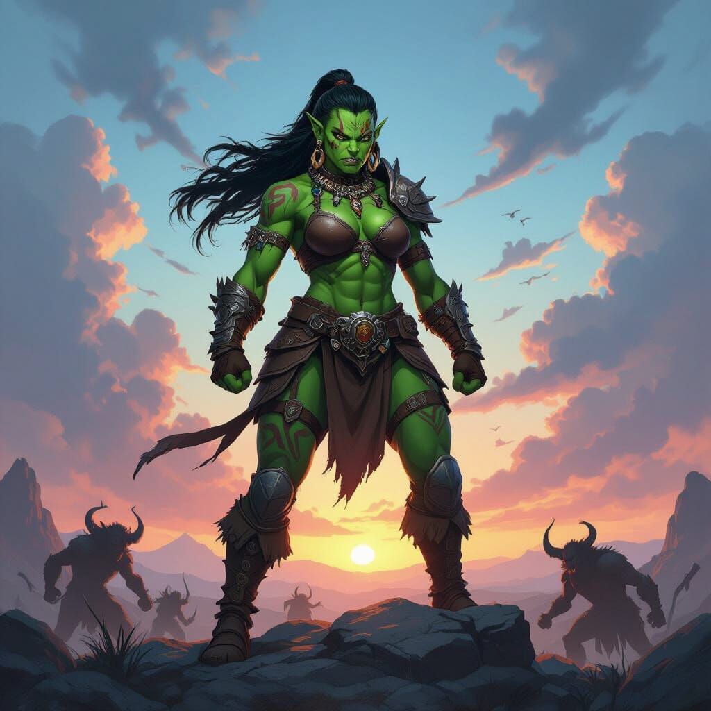 Orc Woman Overlooking Battlefield in Anime Style