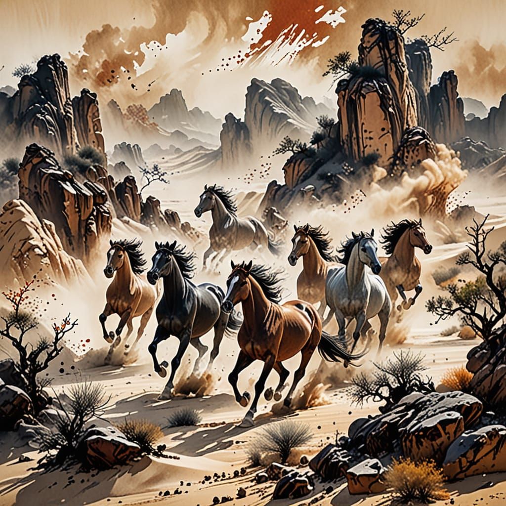 Seven Horses Galloping in Desert Ink Wash Painting