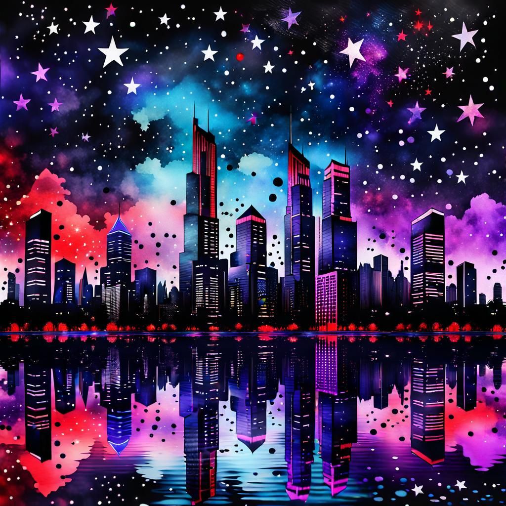 Neon Gothic Cityscape with Starry Sky, Digital Art