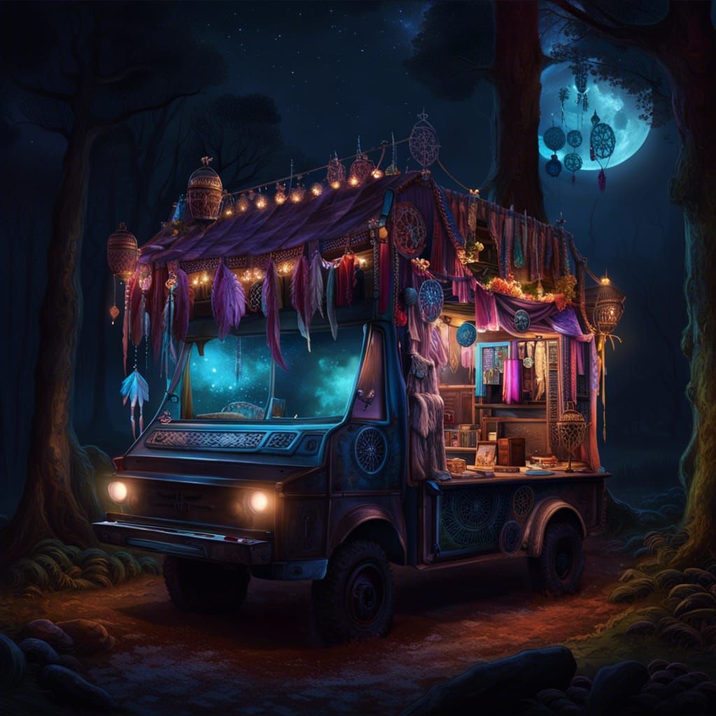 Dreamcatcher Shop Truck in Moonlit Graveyard Forest