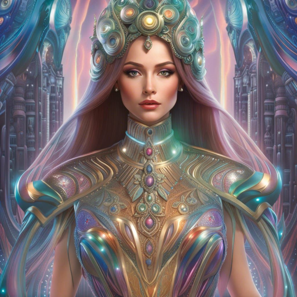 Cyborg Woman in Cyberpunk City, Alphonse Mucha Style