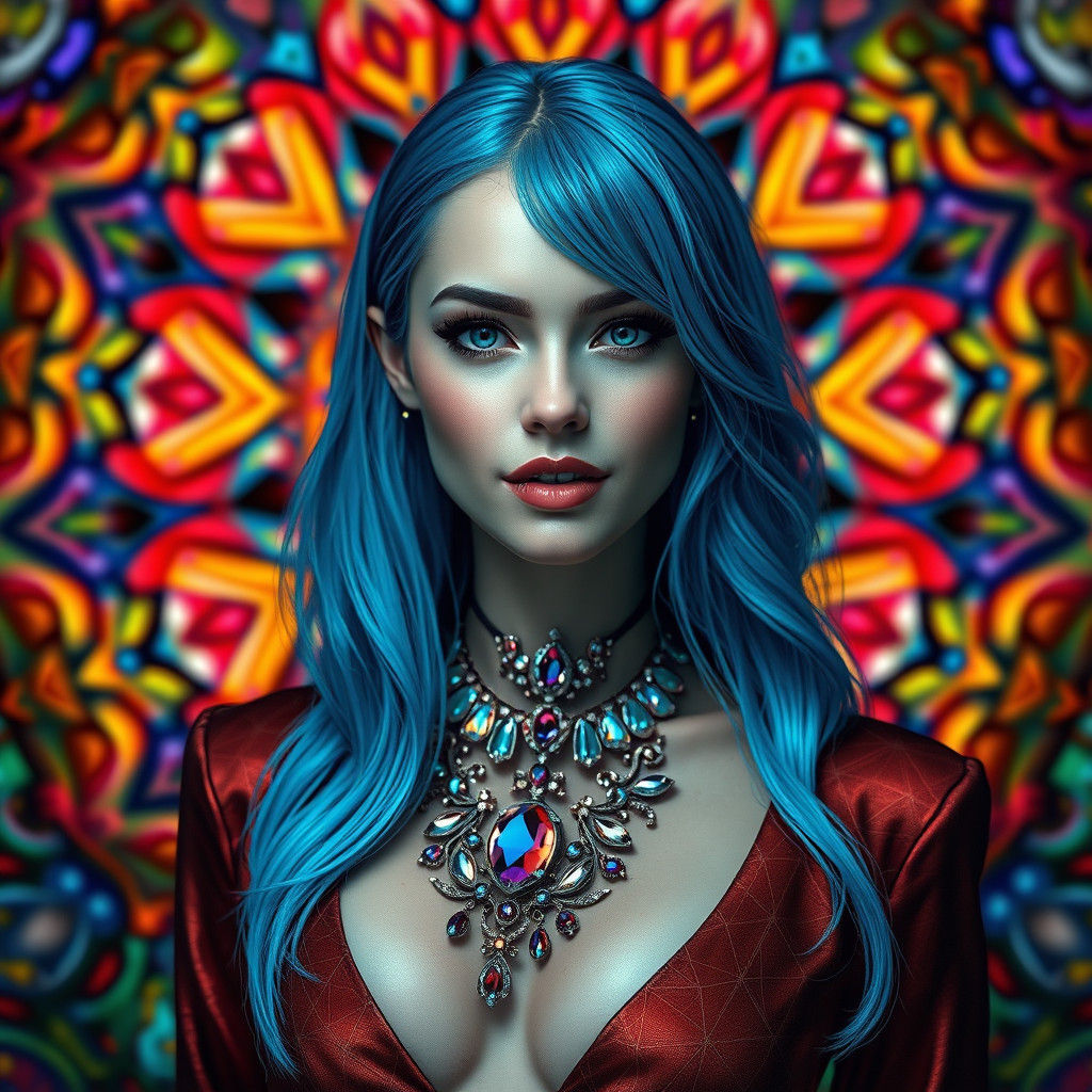 Blue-Haired Woman in Art Nouveau Dreamscape