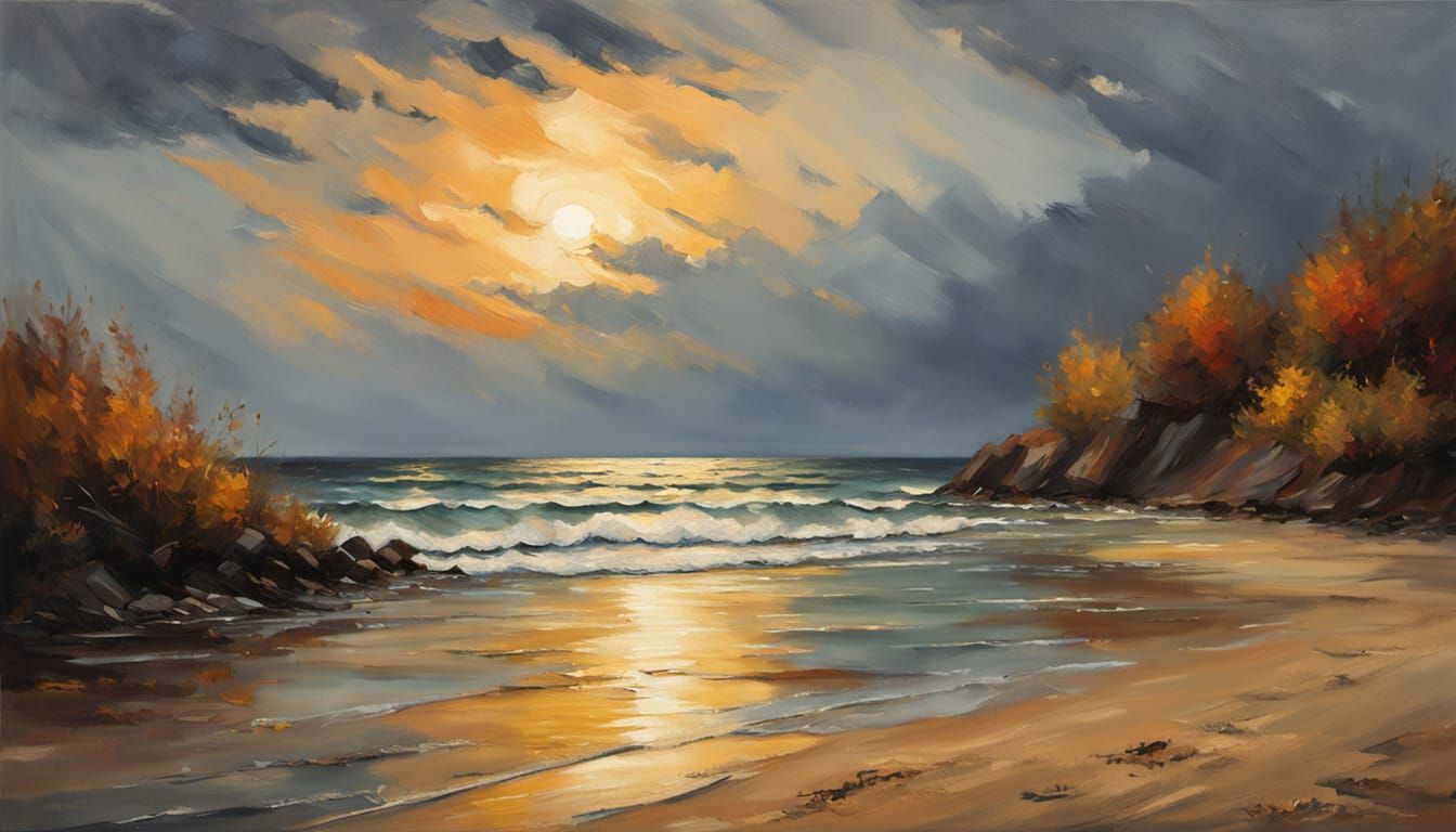 Impressionistic Seashore Painting on Gloomy Autumn Evening