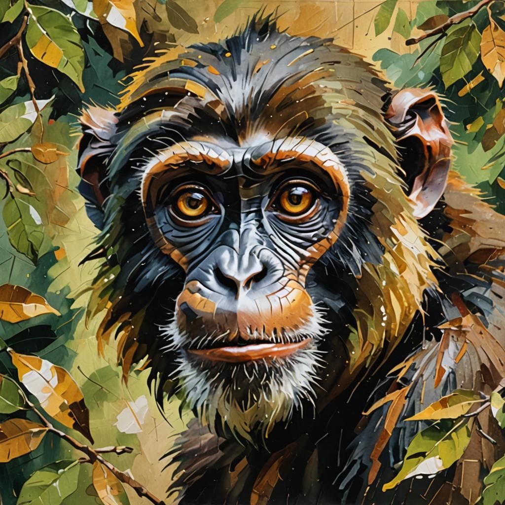 Monkey Portrait in Gouache Impressionist Style