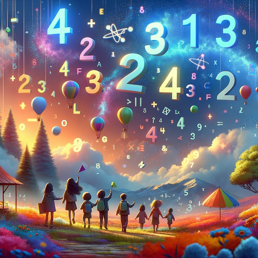 Joyful Children's Landscape with Math Symbols, Matte Paintin...