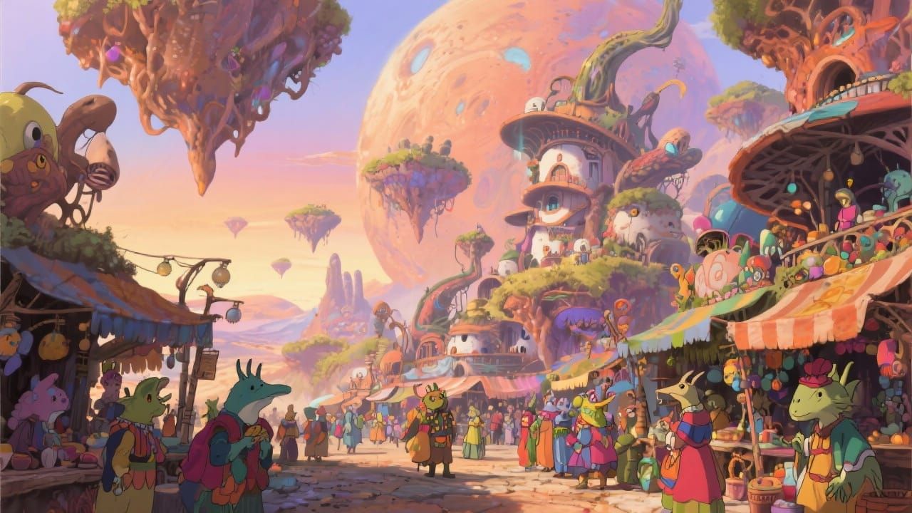 Alien Marketplace with Floating Islands in Ghibli Style